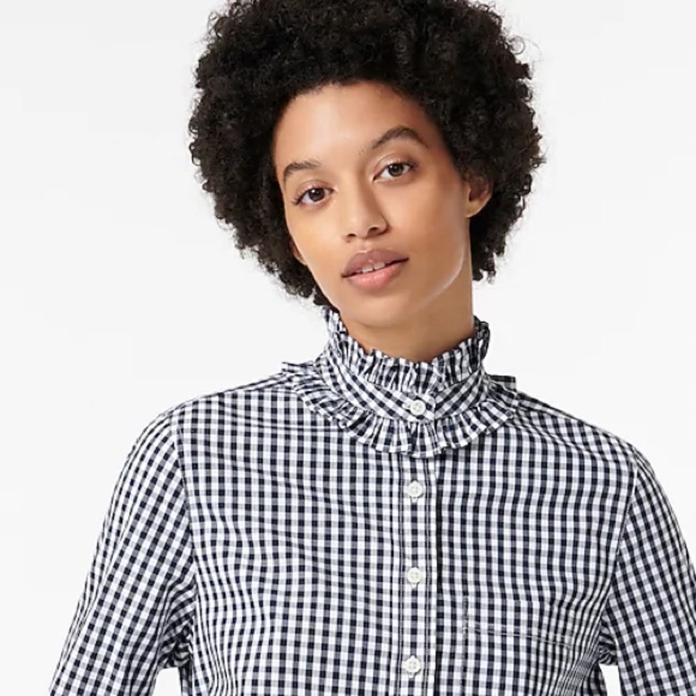 J.Crew Classic-fit ruffleneck shirtdress dress navy check AY173 - Picture 3 of 14